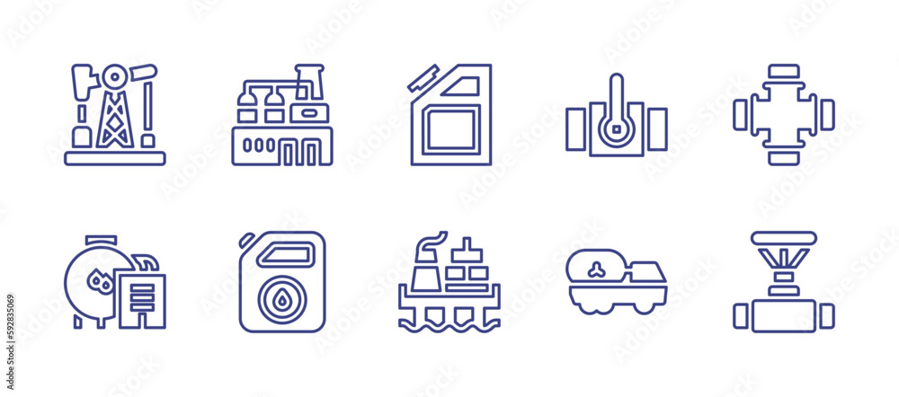Oil and gas industry line icon set. Editable stroke. Vector illustration. Containing pump, factory, gasoline, pipe, oil, petrol, oil platform, truck, pipeline.