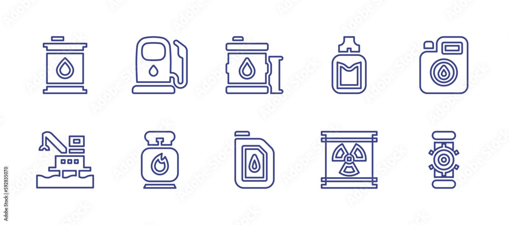 Oil and gas industry line icon set. Editable stroke. Vector illustration. Containing oil tank, gas station, oil barrel, oil, power plant, gas tank, jerrycan, pipe.