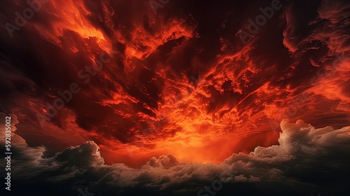 Bright red sunset. Dramatic evening sky with clouds. Fiery skies with space for design. Magic fantasy sky. War, battle, terror, world apocalypse, horror concept. © JanPaulAnthony