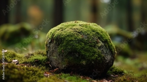 A stone covered with green moss on a blurred forest background. Close-up. Natural background with copy space for your design