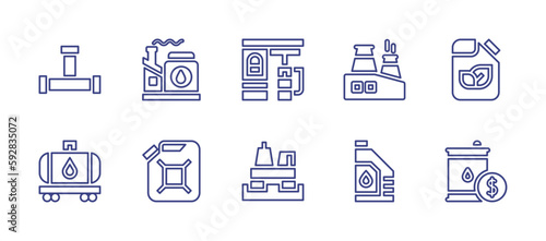 Oil and gas industry line icon set. Editable stroke. Vector illustration. Containing pipes, oil factory, gas station, gas, gas can, gasoline, car oil, oil platform, oil, oil price.