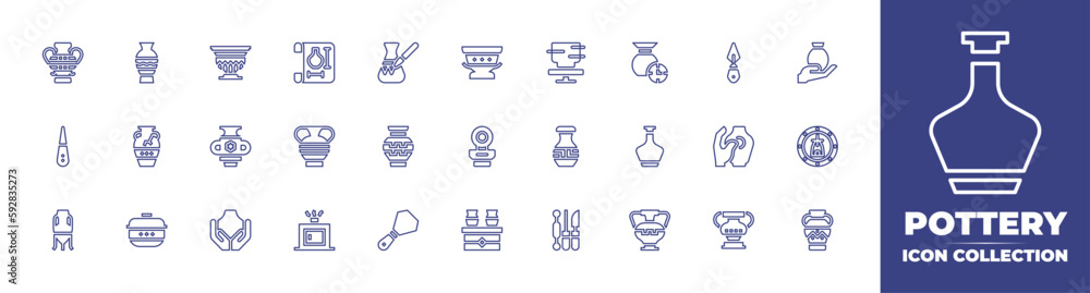 Pottery line icon collection. Editable stroke. Vector illustration. Containing vase, amphora, ceramics, blueprint, painting, pottery, time, blade, ceramic, modeling, earthenware, stove, and more.
