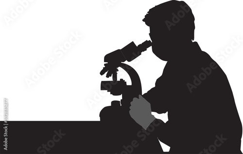isolated silhouette of scientist with microscope   white background black and white drawing