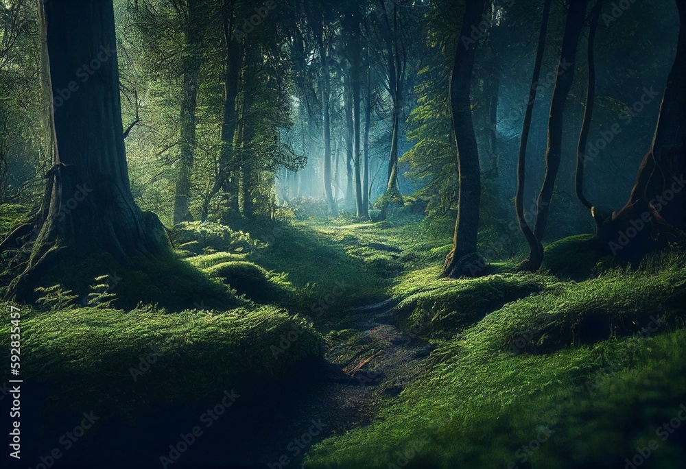 Magical forest panorama with trees and green meadow. Generative AI