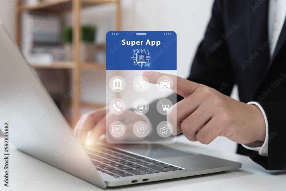 Super application concept, businessman using smart device connecting to application network, banking, transportation, phone, trading, shopping, messaging, entertainment, digital transformation, AI.