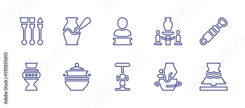 Pottery line icon set. Editable stroke. Vector illustration. Containing brushes, painting, sculpture, exhibition, trimming, clay, pot, craft, clay crafting.