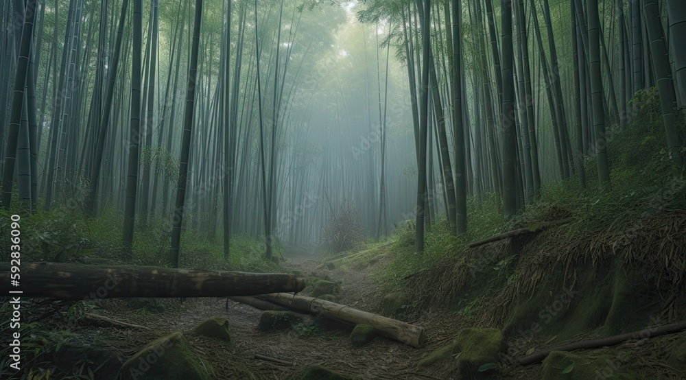 Naklejka premium Path through dense bamboo forest, leading to famous Waimoku Falls. Generative Ai.