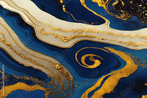 Blue and golden acrylic liquid ink swirl abstract background with ravishing turbulence wavy pattern and detailed texture. Luxury fluid liquid art by Generative AI.