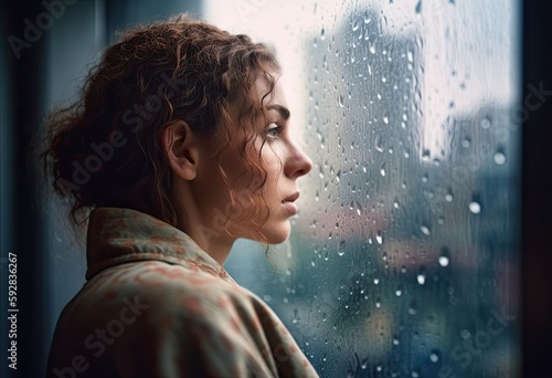 Beautiful women standing at the window watching the rain. Generative Ai.