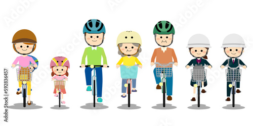 ヘルメットを被って自転車に乗る人々