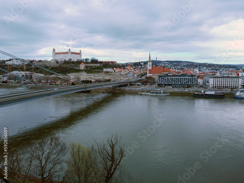  View on Bratislava castle and old town over the river Danube in Slovakia