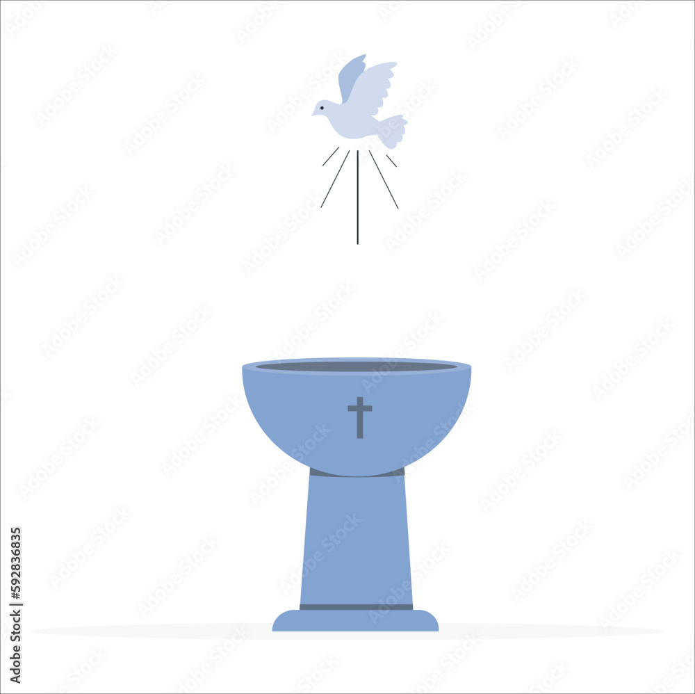 Baptismal bowl and a cross framed . golden baptismal font and dove with