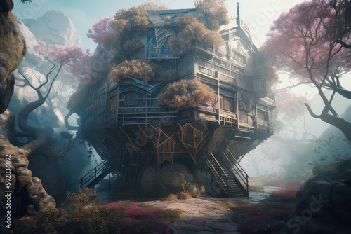 Hexagon tree house fantasy world. distinct generative AI image. photo