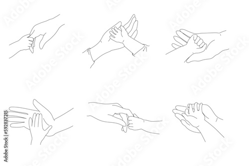 Mother holding baby's tiny hand isolated on white background. Concept of love, family and Mother's Day. Hand-drawn. Vector Illustration.