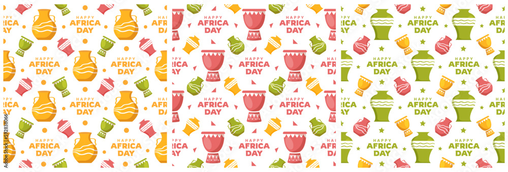 Set of Happy Africa Day Seamless Pattern Design with Culture African Tribal Figures Decoration in Template Hand Drawn Cartoon Flat Illustration Set of Happy Africa Day Seamless Pattern Design with Culture African Tribal Figures Decoration in Template Hand Drawn Cartoon Flat Illustration