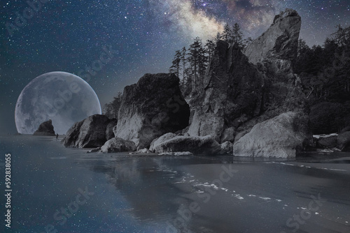 Rocky Coast with Milky Way and Moon