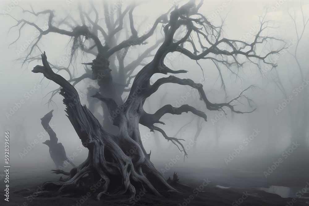 Spooky Halloween tree with foggy weather. Generative AI.