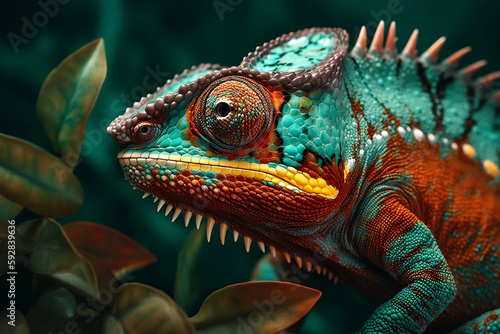 Close up colorful chameleon. Generative AI. © hugo