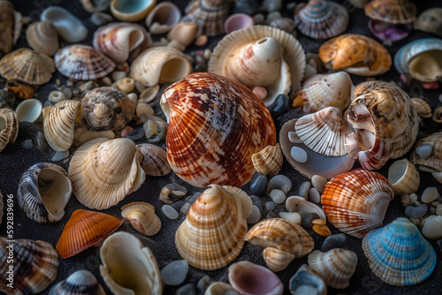Seashells on the beach. Generative AI.