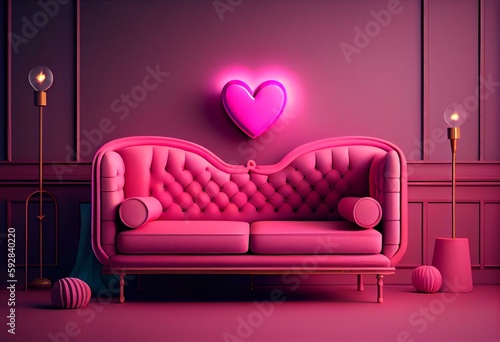 Valentine or birthday party empty interior room with pink sofa, decorative pink pillows, pink blanket. Neon light "Love" on the wall. Valentines, birthday, women's day decorate space.. Generative AI