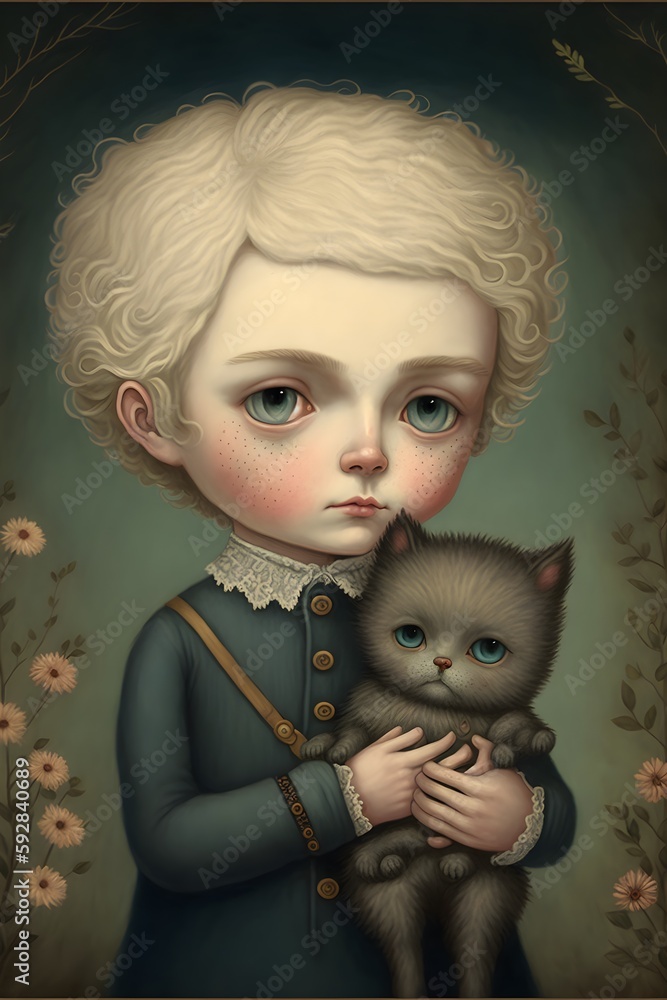 In the front is a beautiful victorian orphan boy holding a cute kitten