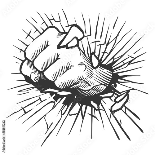 fist punching through glass breaking through illustration white background showing power and strength