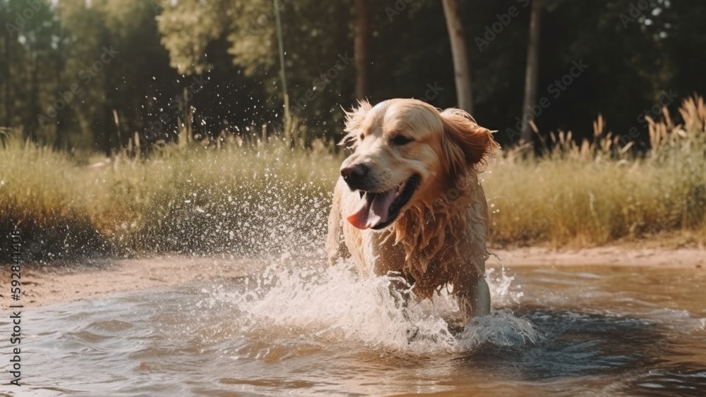 Happy golden retriever running and playing in a river. A playful dog with a happy face.