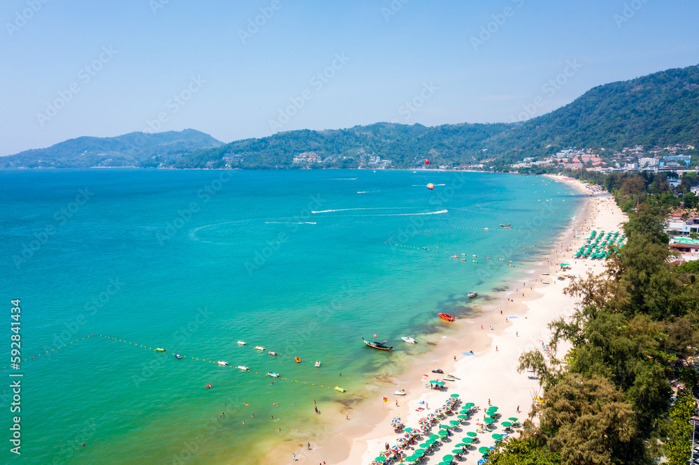 Amazing aerial view of Patong Beach and skyline on sunny day, Phuket, Thailand.