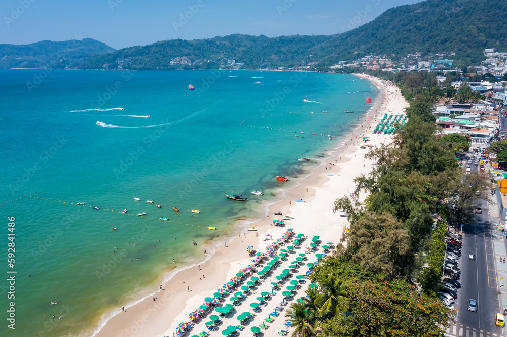 Amazing aerial view of Patong Beach and skyline on sunny day, Phuket, Thailand. (2023)