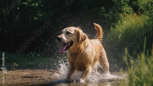Adorable golden retriever running and playing in a river. A playful dog with a happy face.