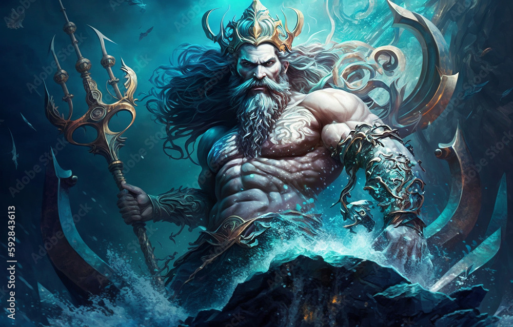 Poseidon in ancient Greek mythology is the supreme sea god, one of the  three main Olympian gods, along with Zeus and Hades. Son of the titan  Kronos and Rhea, Illustration Stock