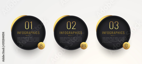 three steps business infographics golden template with data workflow