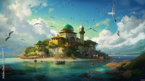 ilustration of luxurios mosque on the beach and color green, Generative AI