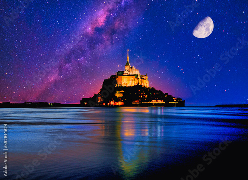 美しいモンサンミッシェル僧院の夕・夜景