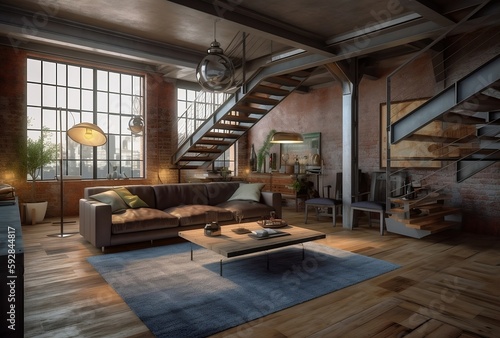 Industrial living room with furniture. Created using generative AI