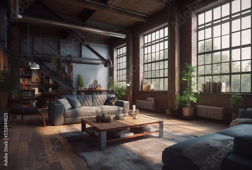Modern living room in loft interior. Created using generative AI © Chan