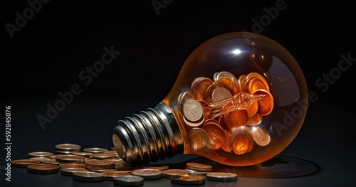 light bulb on top of coins. Rising energy cost concept. Light bulb on top of a stack of gold coins. Generative Ai.
