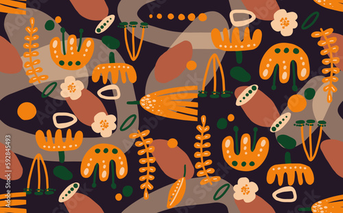 Trendy vector seamless repeating pattern with hand drawn orange flowers, dots and different shapes. Background for cover, wallpaper, fabric, clothes, wrapper, case, textile, cards