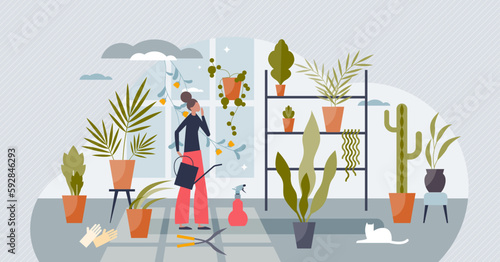 Indoor gardening and flower plant growing as green hobby tiny person concept. Modern lifestyle with plant seedling, watering and sapling as part or female residential environment vector illustration.