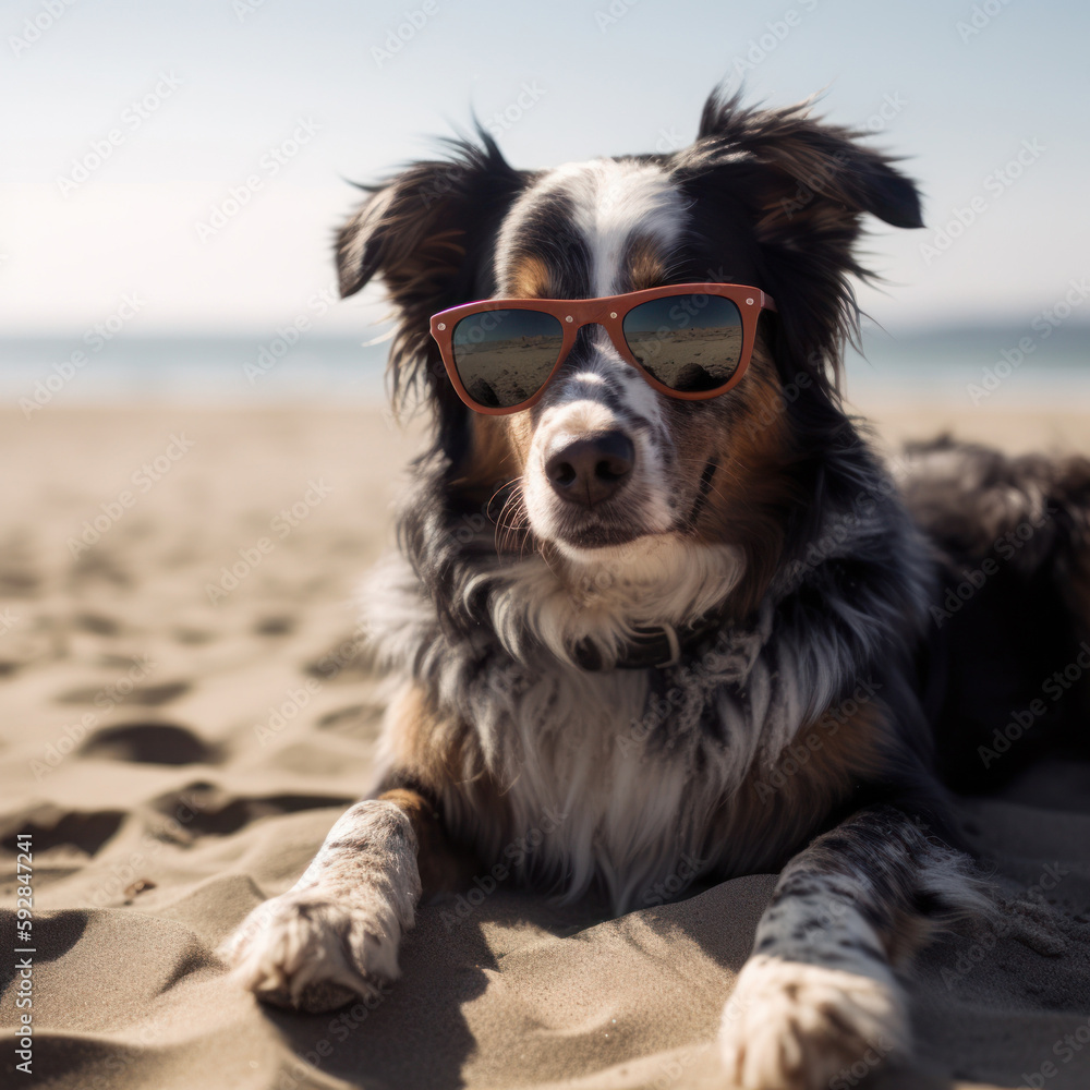 Dog with sunglasses is lying on the beach sand. Created using generative Al tools. Dog with sunglasses is lying on the beach sand. Created using generative Al tools.