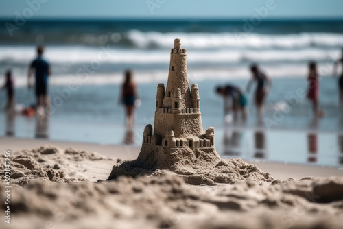 Sandcastle with sea and people in the background. Created using generative Al tools.