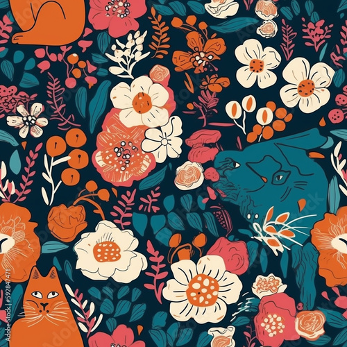 Beautiful flowers with cats tile pattern for cloth and wallpaper made with generative ai.