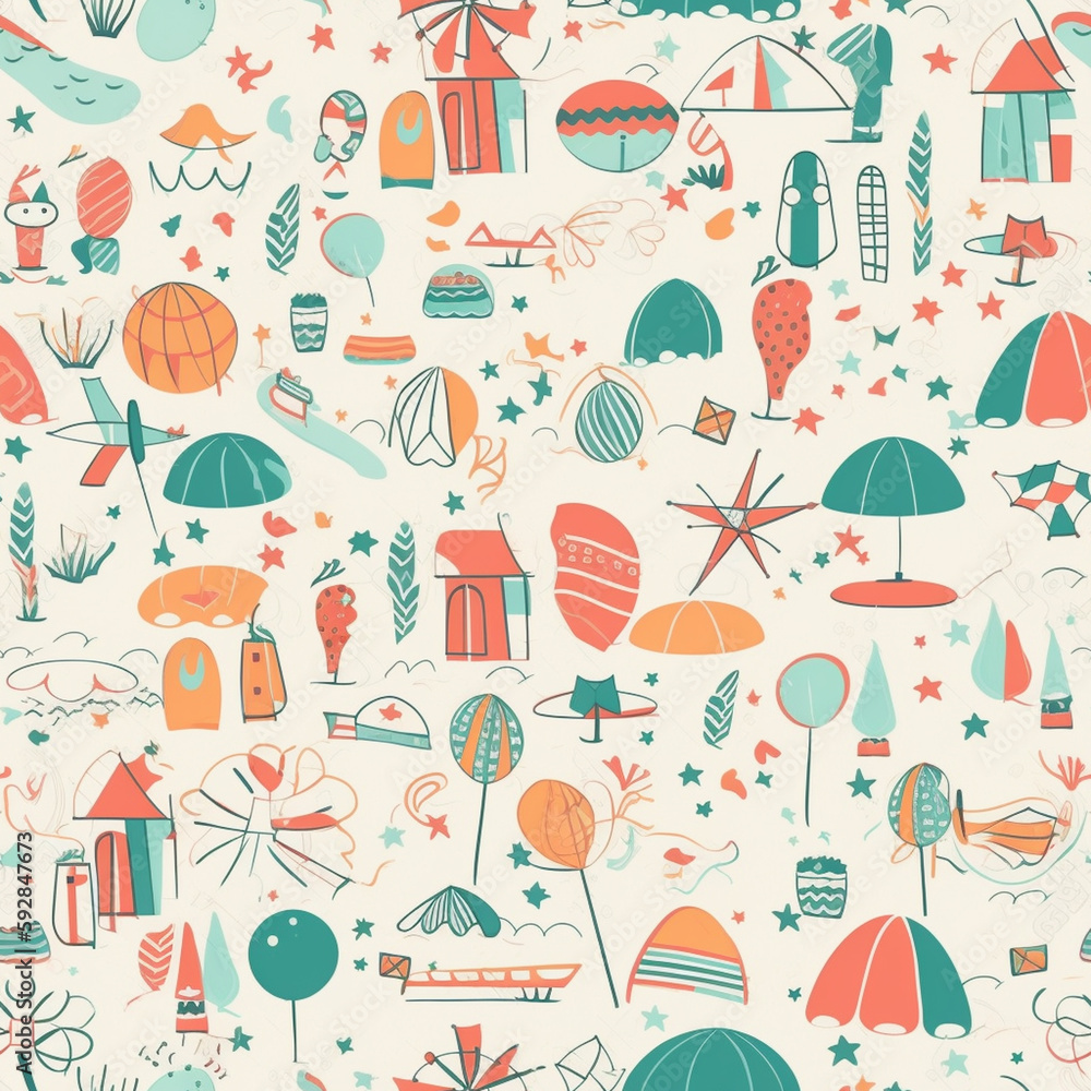 Random items of summer beach theme pattern made with generative ai. Random items of summer beach theme pattern made with generative ai.