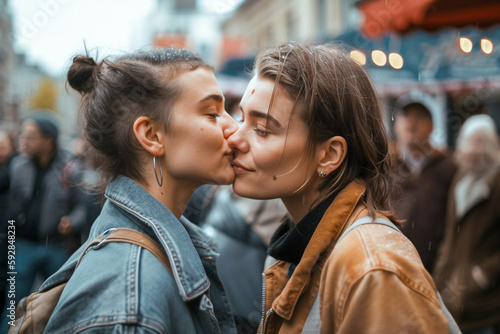 Brunette lesbian couple created with Generative AI technology