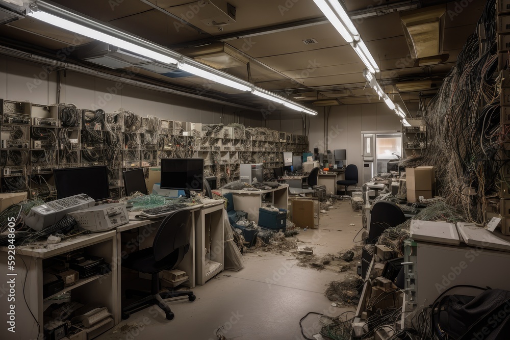 e-waste recycling center, with bins of electronic devices and cables ...