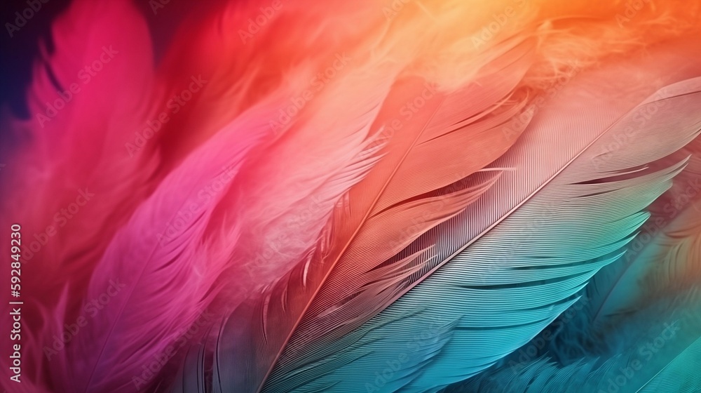A close-up image of a fluffy white feather set against a colorful, pastel, neon mist, resembling a patchwork rainbow background. Generative AI A close-up image of a fluffy white feather set against a colorful, pastel, neon mist, resembling a patchwork rainbow background. Generative AI