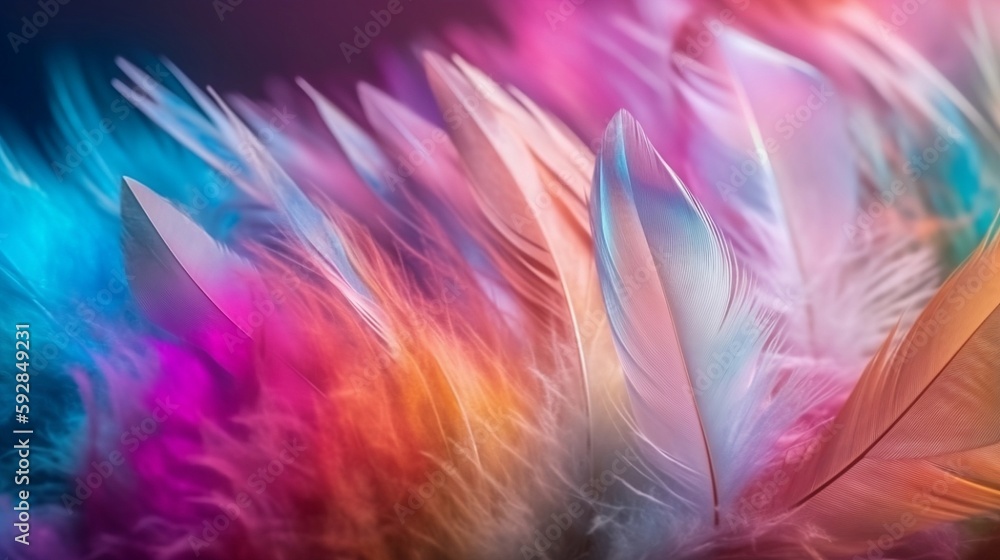 A close-up image of a fluffy white feather set against a colorful, pastel, neon mist, resembling a patchwork rainbow background. Generative AI A close-up image of a fluffy white feather set against a colorful, pastel, neon mist, resembling a patchwork rainbow background. Generative AI