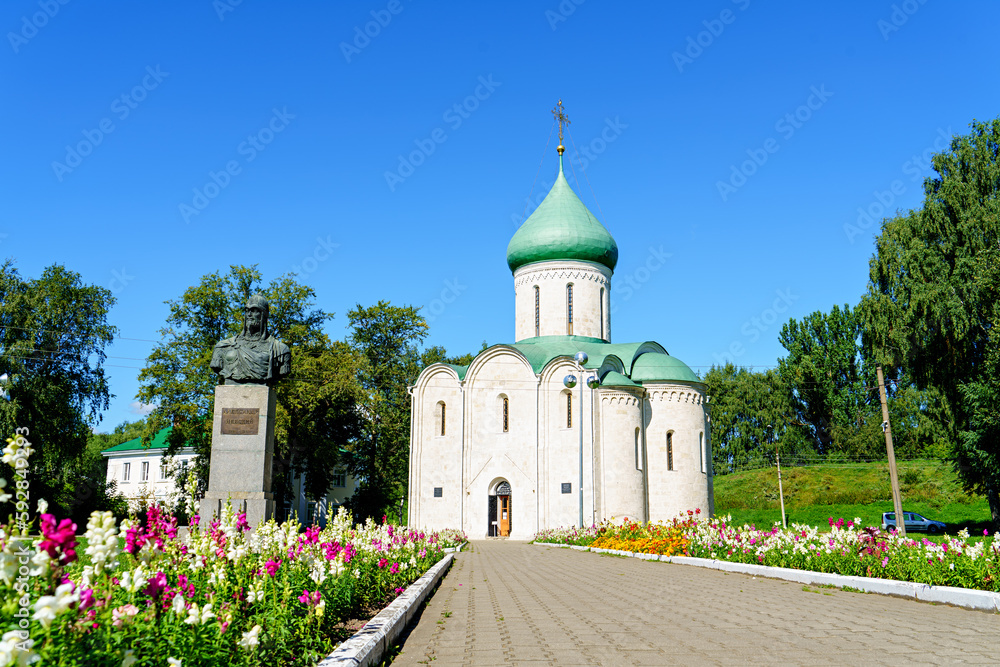 Pereslavl-Zalessky, Russia - August 18, 2020: Transfiguration Cathedral. Laid down by Yuri Dolgoruky in 1152. Completed under Andrei Bogolyubsky in 1157