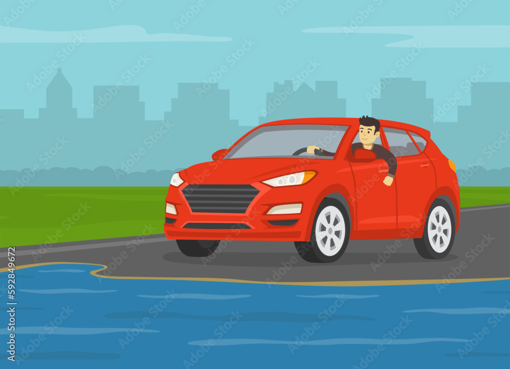 Flooded road and rainy weather conditions. Character looks out the front window. Red suv stopped at flooded road. Flat vector illustration template.