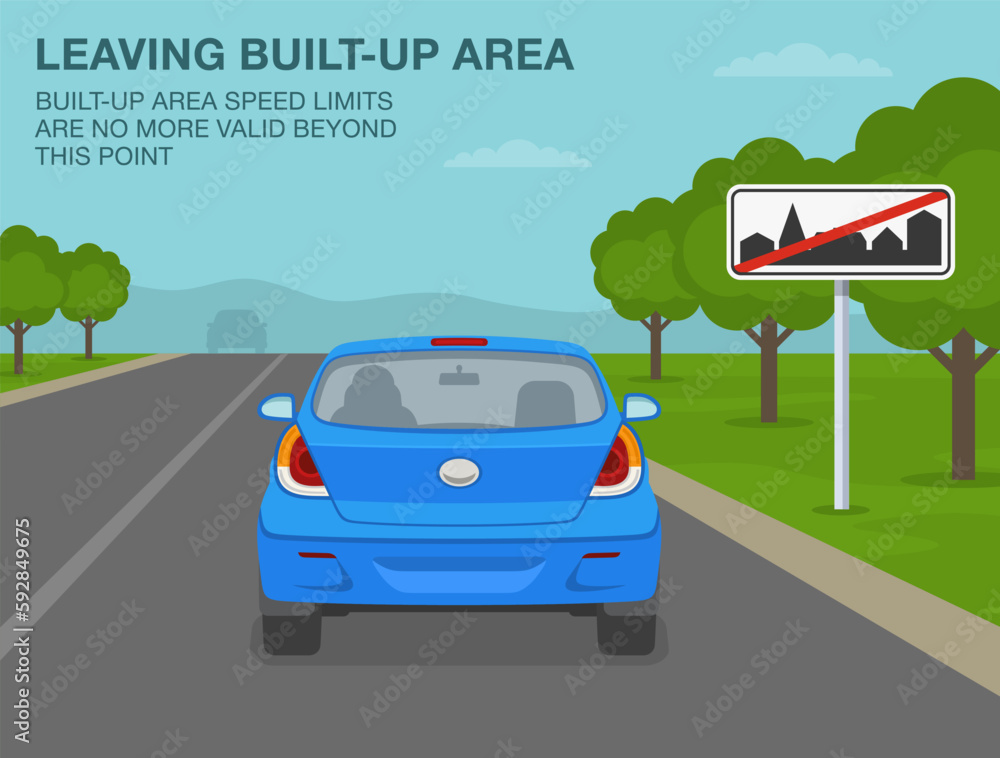 Safe car driving tips and traffic regulation rules. End of builtup area sign meaning. Speed